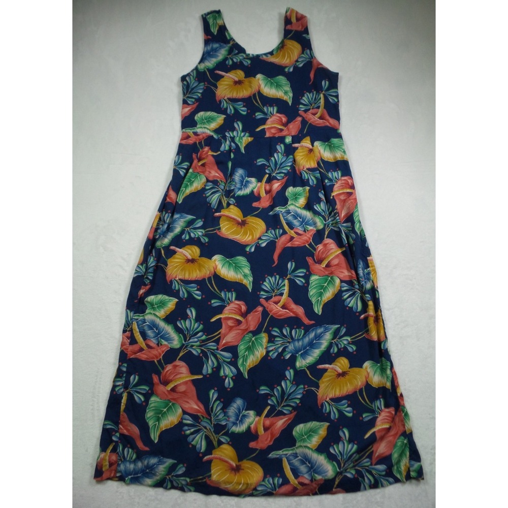 Reyn‎ Spooner Dress Womens Size P Blue Floral Hawaiian Sleeveless Spun Rayon